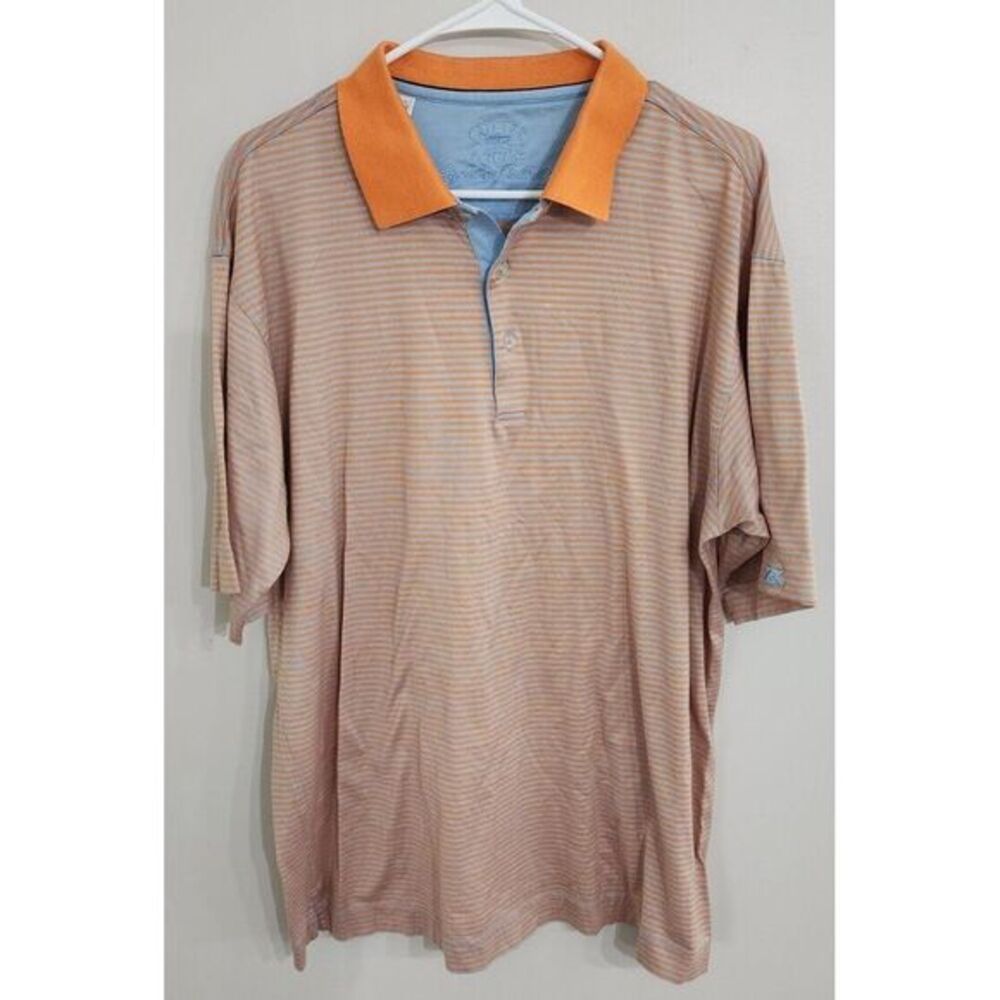Cutter & Buck Men's Signature Collection‎ Size L Polo Shirt Orange Blue Striped